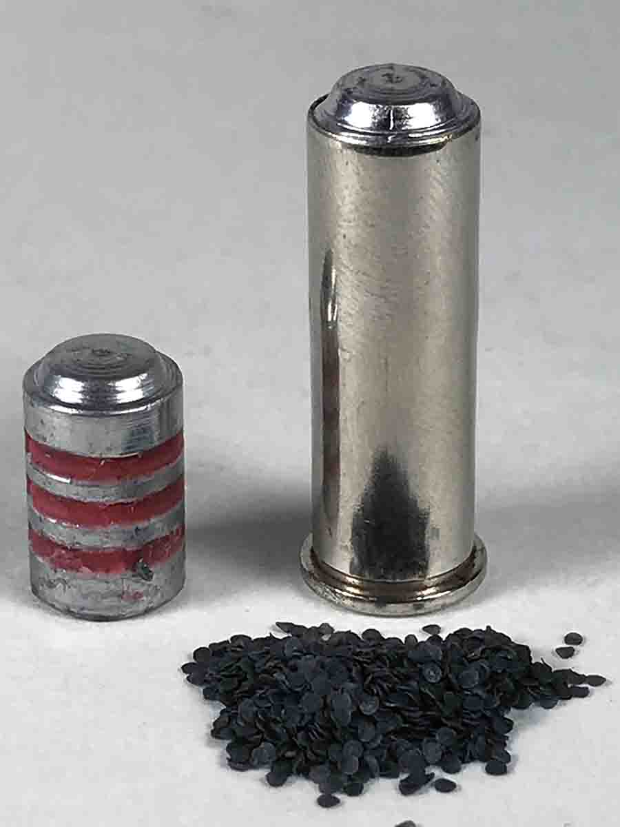 A few grains of fast-burning powder occupies little space in a .357 Magnum case. A wadcutter bullet helps fill the empty space to provide even velocities.